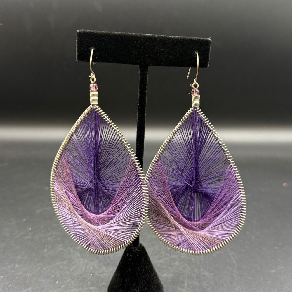 Vintage Handmade Peruvian Thread Earrings Purple Lilac Silk String Teardrop